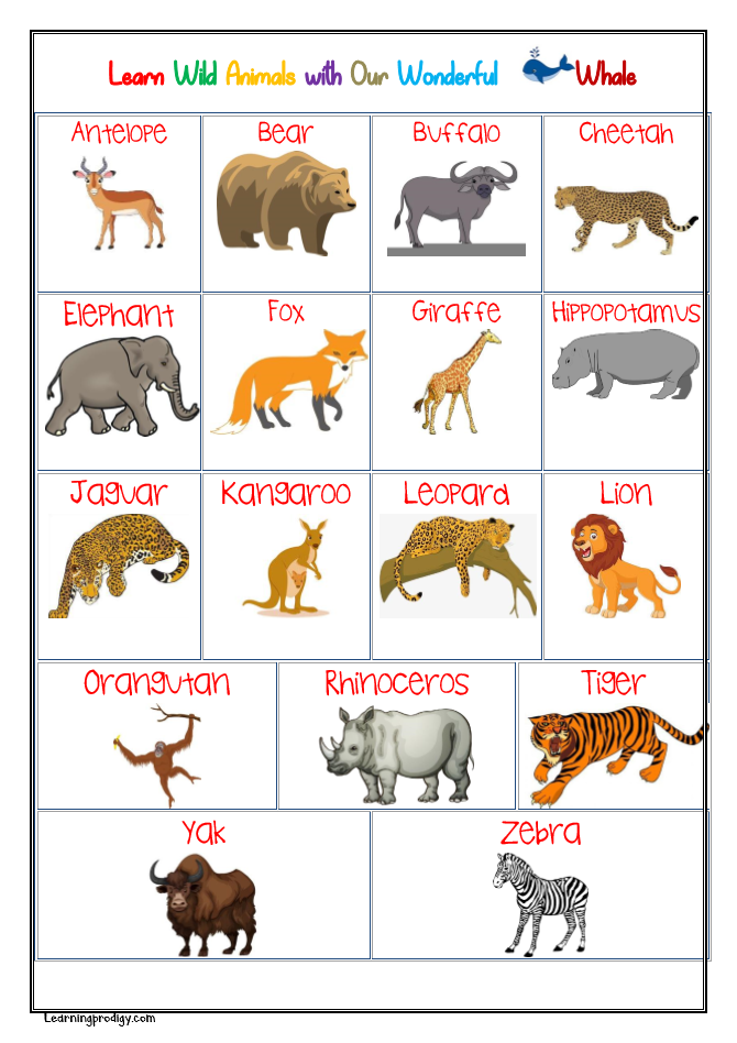 Wild Animals Chart with Pictures For Kids - LearningProdigy - Charts -