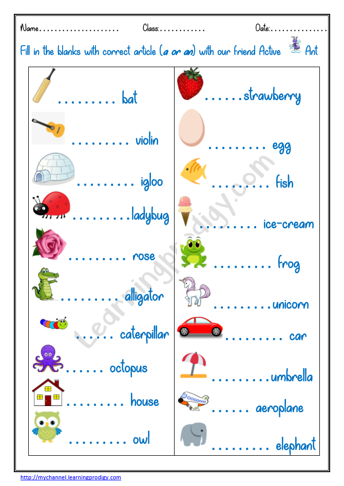 articles worksheets for grade 1