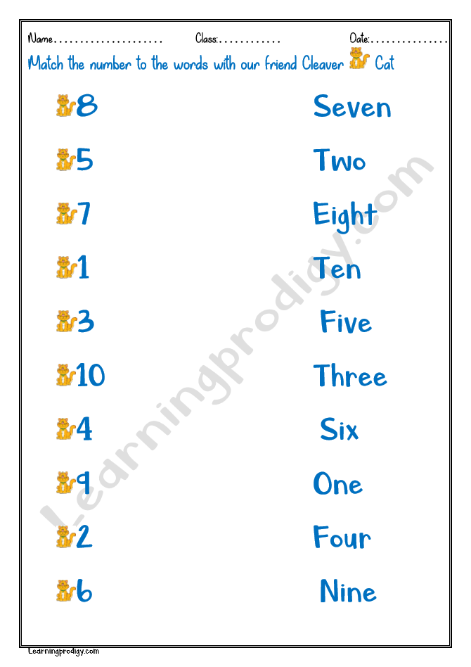Match the Number to the Words (1-10)