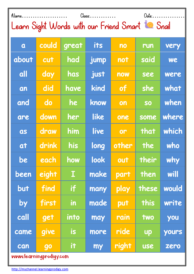 Sightwords chart