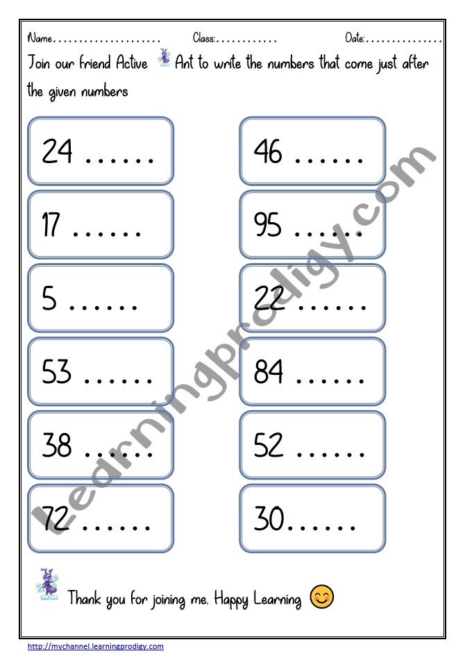 Number After Worksheets For Kindergarten