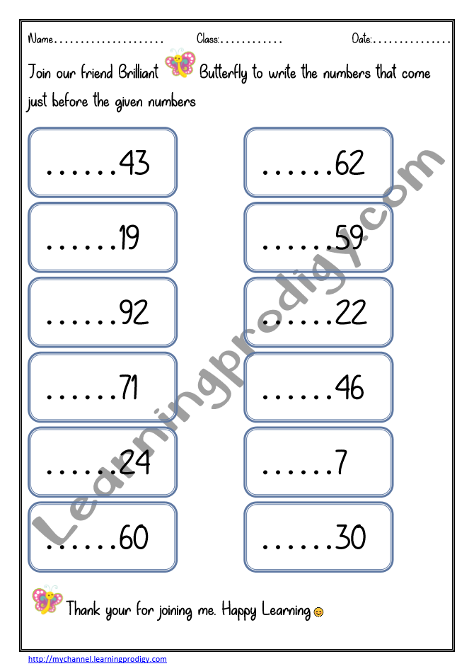 Before Number Math Worksheet for Kindergarten Kids