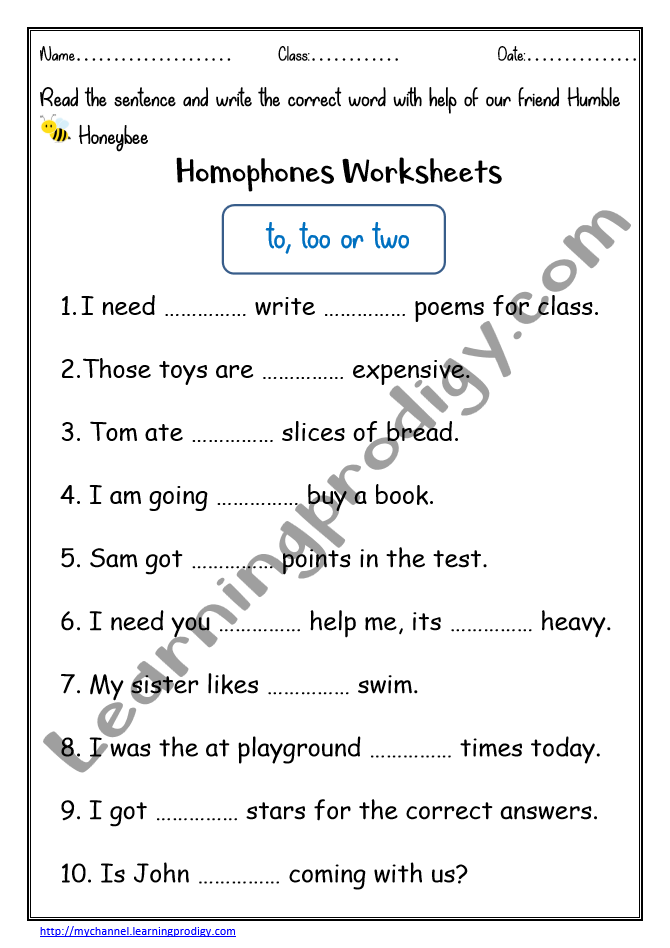 English Worksheet For Grade 1 Homophones To Too Two Learningprodigy English English Homophones English G1