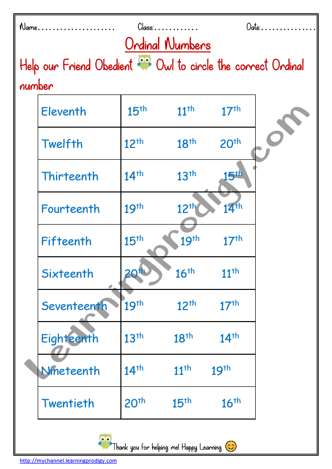 Worksheet On Ordinal Numbers 1 20 Printable Worksheets And Activities 