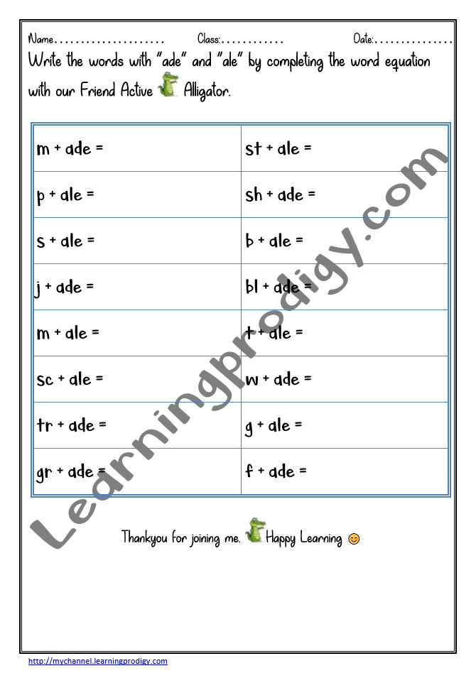 Word Equation Worksheet ade and ale