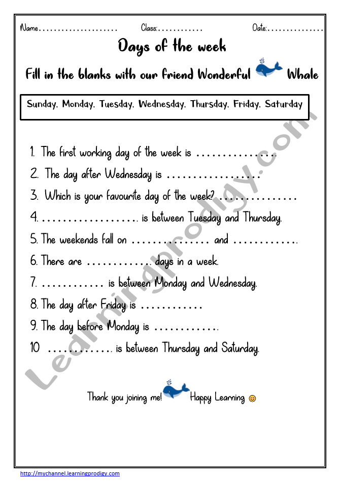 Weeks Worksheet - Fill in the blanks