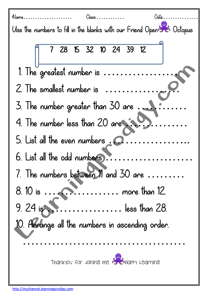 Numbers Fill Up | Greater than Smaller than Worksheet | Numbers Worksheet