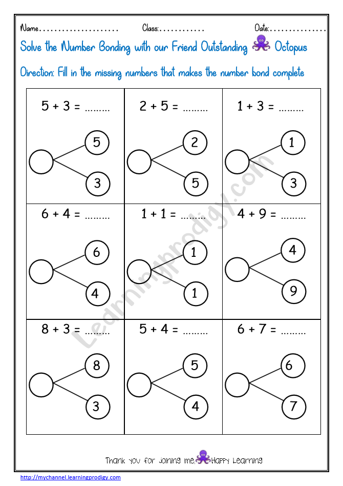 Number Bonds Worksheet Printable Kindergarten Math Worksheet LearningProdigy Maths Maths