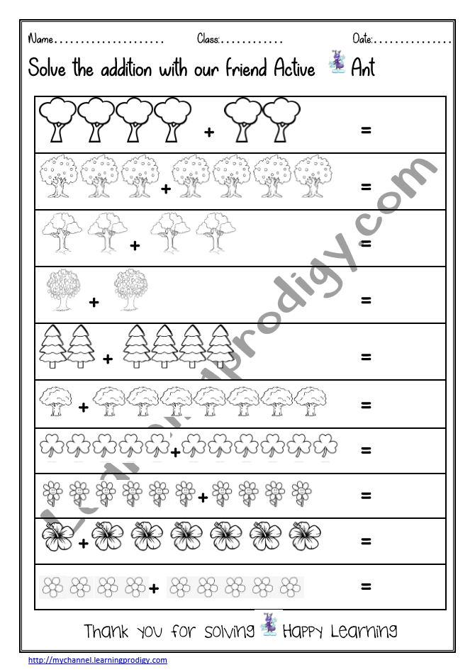 Addition Worksheet for Kindergarten with Pictures