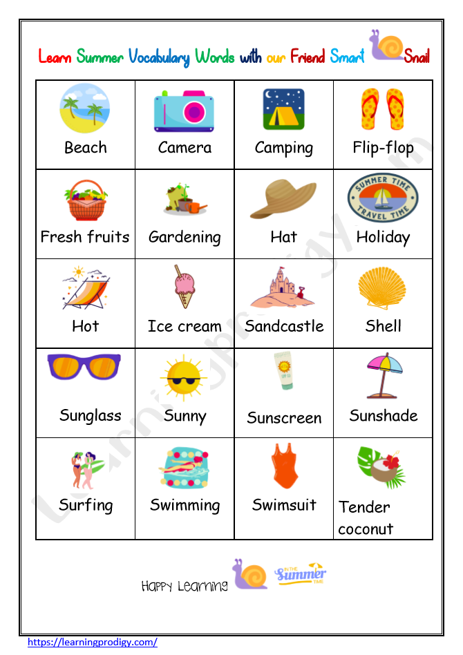 summer vocabulary chart