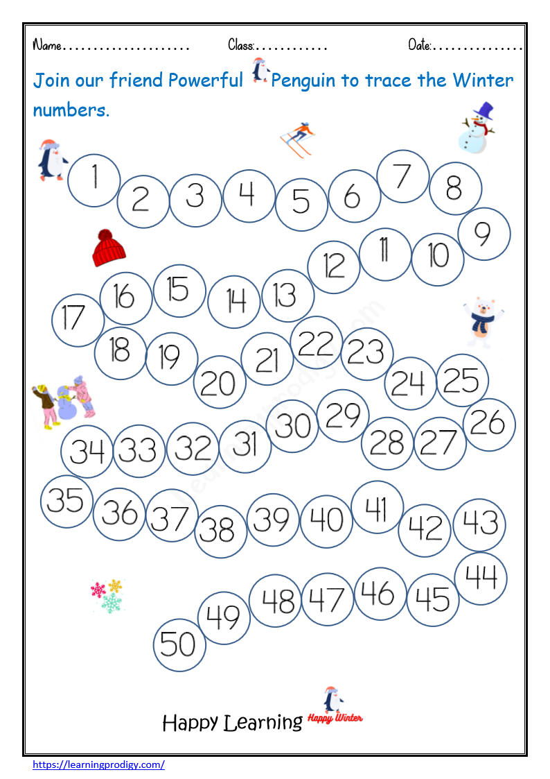 free printable winter numbers tracing worksheet preschool math worksheet for kids 1 50 learningprodigy colouring festival winter holidays maths numbers tracing maths numbers tracing